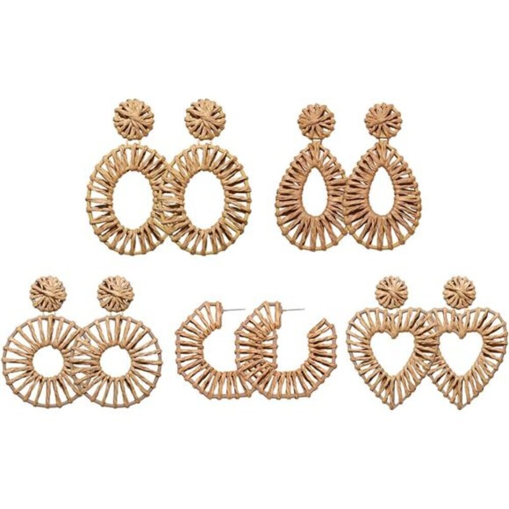Boho Rattan Woven Earrings Set – Natural Straw Statement Earrings (5 Pairs)